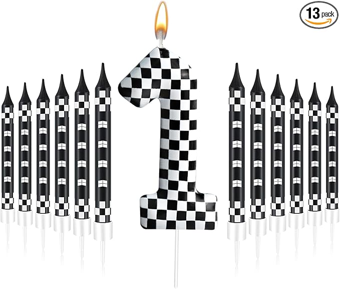 13 Pcs Racing Cars Themed Birthday Candles Black and White Race Number 1 Checkered Candle Cake Topper for Racing Car Party Decoration Supplies (Number 1)