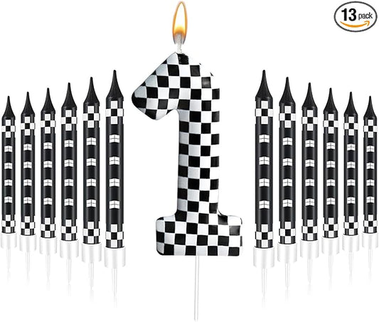 13 Pcs Racing Cars Themed Birthday Candles Black and White Race Number 1 Checkered Candle Cake Topper for Racing Car Party Decoration Supplies (Number 1)