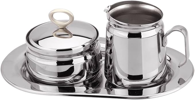 Regent OVATION Stainless Steel Sugar and Creamer Set on Tray Creamer and Sugar Bowl Set Stainless Steel Latte Milk Cup Cream Jug and Sugar Bowl Tray for Coffee Serving Set Frothing Milk