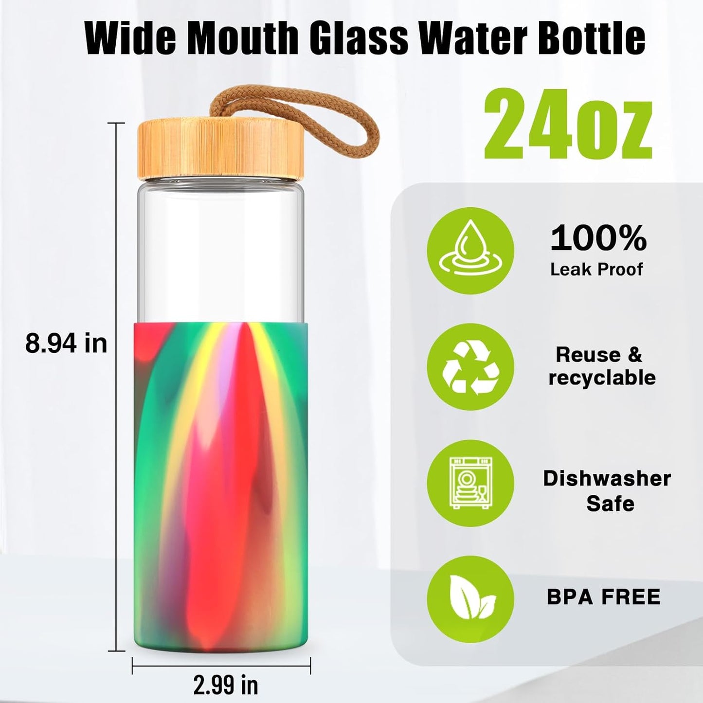 Tronco 24oz Glass Water Bottles with Bamboo Lid & Silicone Sleeve, Leak Proof, BPA Free, Reusable Borosilicate Glass Bottles for Juicing, Smoothies, Juice & Water, for Men & Women Gym, Office, Travel