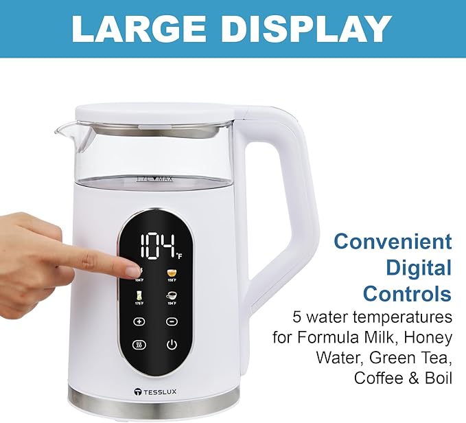 Electric Kettle, 1500W Fast Boiling Glass Water Kettle with Temperature Control, 1.7L Cordless Stainless Steel Base, Keep Warm & Auto Shut-Off, BPA-Free, White