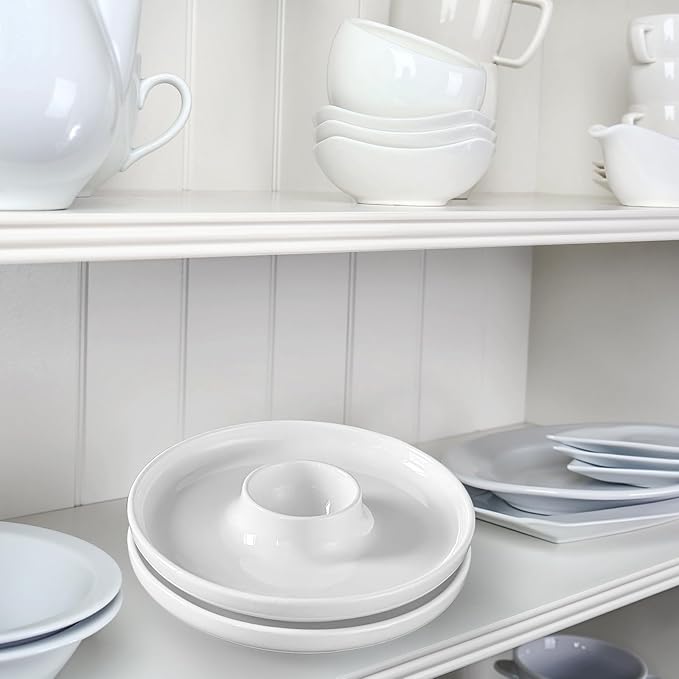 Cinf EggHolder & Spoon Set 2 Ceramic Egg Holders + 2 SS Spoons Breakfast Plate White 5.5'' Food Container Egg Tray Dinner Serving for Hard Boiled Eggs, Easter & Deserts Kitchen