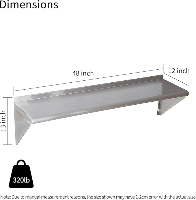 Stainless Steel Shelf 12"x48", Space-Saving Wall Mounted Shelving, 320lb Heavy Duty Steel Shelves with Easy-Clean Surface for Kitchen, Restaurant, Bar, Hotel (Commercial & Home Use)