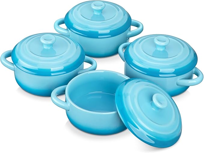 LOVECASA Mini Cocotte Set, 12 OZ Small Casserole Dishes with Lids, Soup Bowls With Handles, Individual Ramekins, Oven, Microwave & Dishwasher Safe, Set of 4, Blue