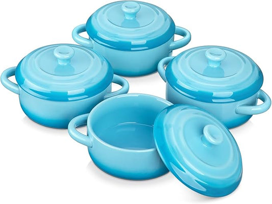 LOVECASA Mini Cocotte Set, 12 OZ Small Casserole Dishes with Lids, Soup Bowls With Handles, Individual Ramekins, Oven, Microwave & Dishwasher Safe, Set of 4, Blue