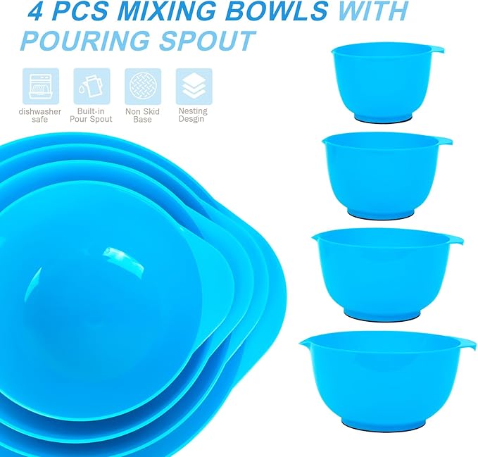 BoxedHome 4 Quart Large Plastic Mixing Bowls, Microwave Safe Mixing Bowl Set with Pour Spout, Nesting Bowls for Space Saving Storage(Teal)