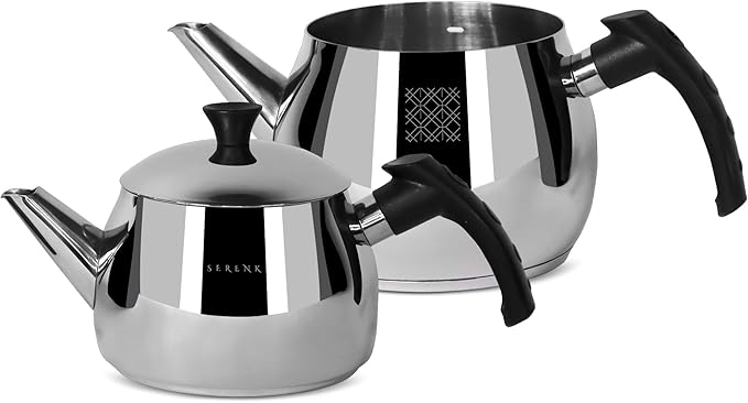 Serenk Stainless Steel 3 qt(101 fl oz) Turkish Tea Pot Sets With Lids And NonSlip Bakelite Handles For All Stove Type Turkish Tea Maker Two Pots With Termo Capsuled Induction Base (Black Small)