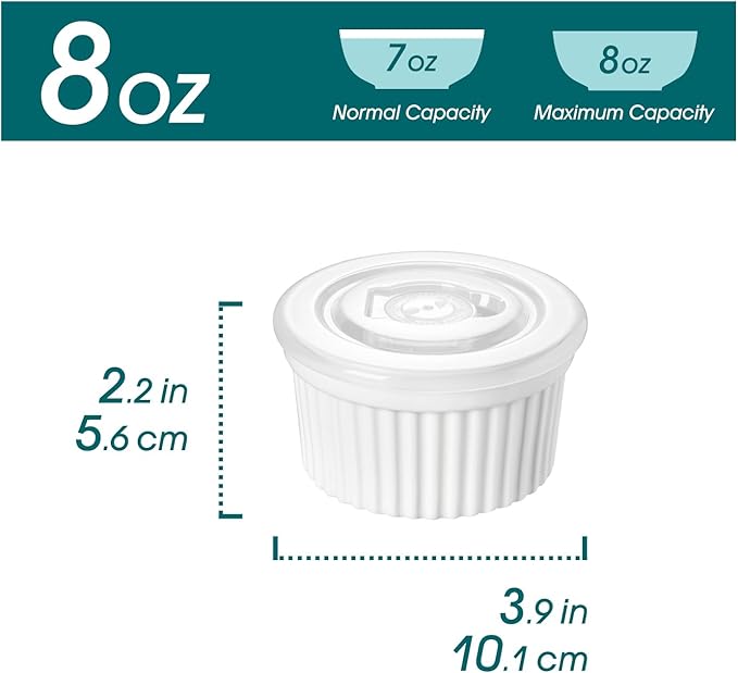 vancasso 8 oz Ramekins with Lid, Porcelain Creme Brulee Souffle Dishes, White Pudding Custard Cups Ramiken for Baking, Dishwasher and Oven Safe, Set of 6