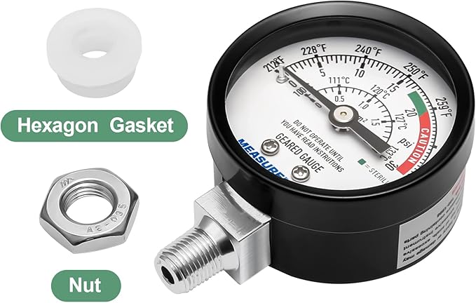 MEASUREMAN Black Steel Pressure Cooker Gauge, Pressure Canner Gauge, Steam Pressure Gauge, 2" Dial, Lower Mount, Including Hexagon Gasket and Nut