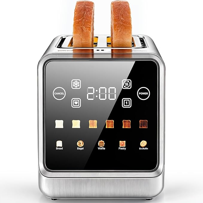 Toaster 2 Slice Wide Slot, Stainless Steel Digital Toasters Best Rated Prime, Touch Screen Toaster for 5 Bread Types/6 Shade Settings/Single Slot Toasting/Memory Function/Defrost/Reheat