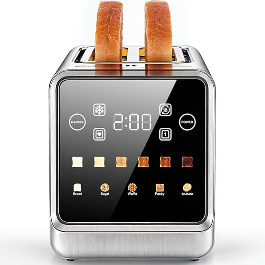 Toaster 2 Slice Wide Slot, Stainless Steel Digital Toasters Best Rated Prime, Touch Screen Toaster for 5 Bread Types/6 Shade Settings/Single Slot Toasting/Memory Function/Defrost/Reheat