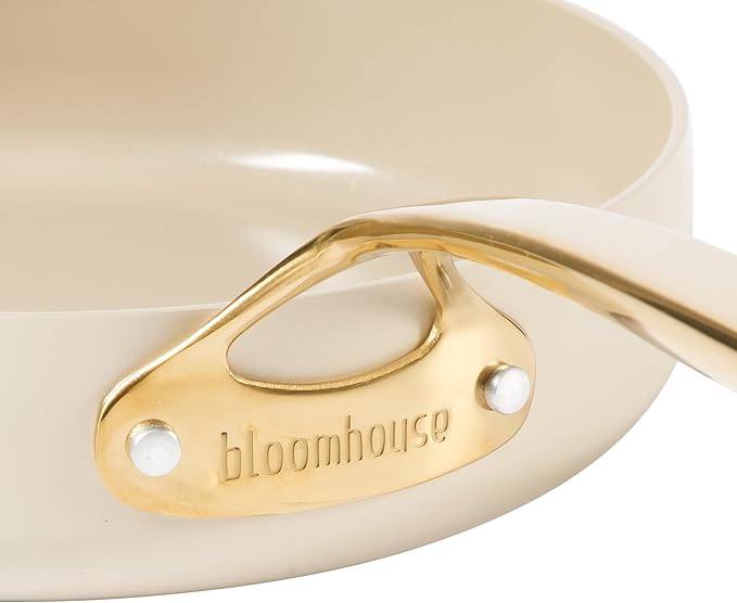 bloomhouse - Oprah's Favorite Things - 10 Inch Heavy Duty Aluminum Premium PFA Free Ceramic Nonstick Saute/Deep Frying Pan Skillet with Lid - Almond Cream w/Gold Handle