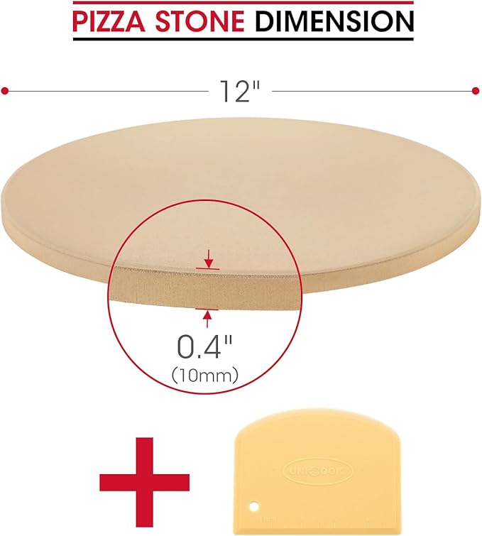 Unicook Round Pizza Stone 12 Inch, Cordierite Bread Baking Stone for Oven and Grill, Thermal Shock Resistant, Including Dough Scraper