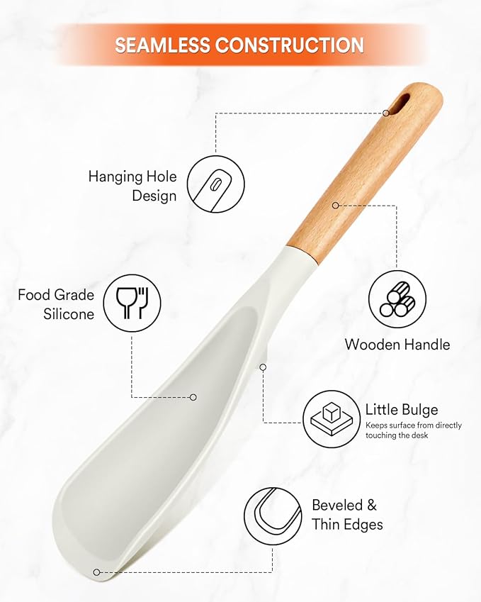 Cooking Spoon and Rice Scooper for Nonstick Cookwares, Great for Cooking and Serving Sturdy BPA-Free Matte Silicone, Wood Handle Spoon for Mixing, Scoop, and Scrape (WHITE)