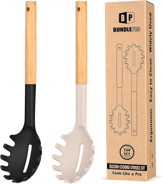 Pack of 2 Spaghetti Spoon, Silicone Pasta Fork with Wooden Handle, Heat Resistant Noodle Spoon Server, BPA Free Spaghetti Strainer(BLACK-KHAKI)