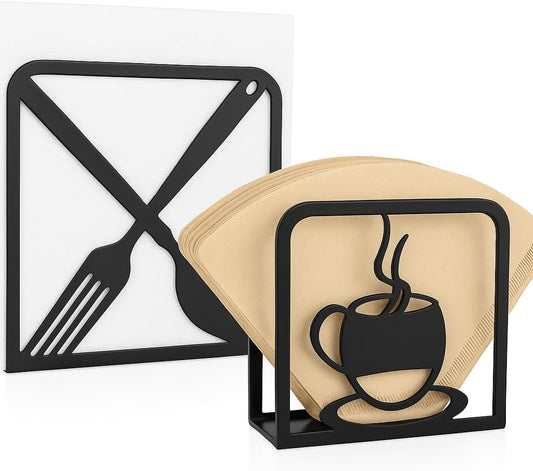 2-Pack Decorative napkin holder for table & coffee filter holder Set – Black coffee napkin holder – Fits Standard Napkins & coffee filter size #2 & #4