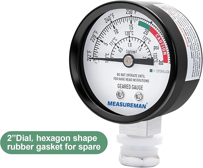 MEASUREMAN Black Steel Pressure Cooker Gauge, Pressure Canner Gauge, Steam Pressure Gauge, 2" Dial, Lower Mount, Including Hexagon Gasket and Nut