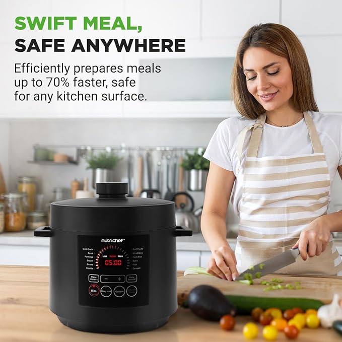 NutriChef Electric Pressure Cooker 6 Quart Capacity | 9 Function Digital Countertop Pressure Cooker | Adjustable Time & Temperature | Cook, Bake, Steam, & Braise | 13.1 x 11.4 IN | Black