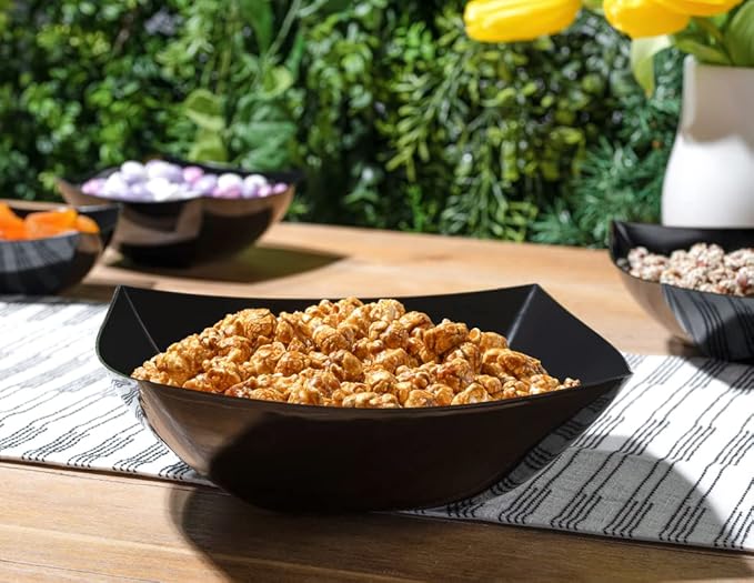 Posh Setting - Black Plastic Serving Bowls for Party (64oz - 4 Pack) Square, Disposable & Fruit Bowls for Party Table, Candy Containers for Candy Buffet