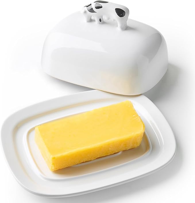 Butter Dish with Lid for Countertop, 7.8" x 6.3" Large Ceramic Butter Keeper Container with Cow Handle, White Butter Holder Tray for East West Coast Butter Stick, Microwave & Dishwasher Safe