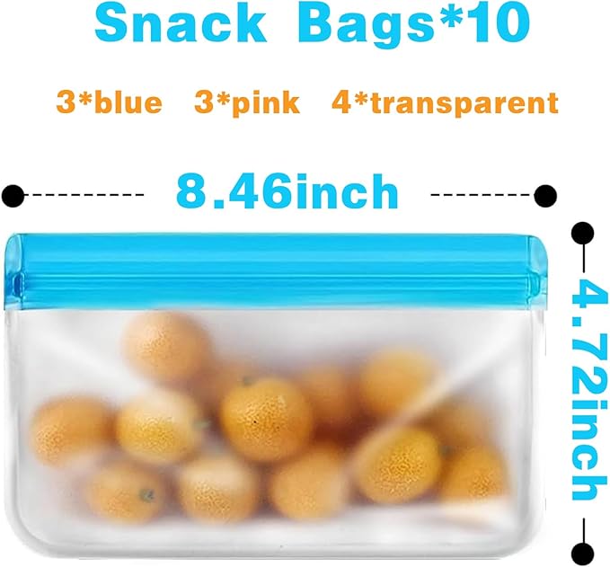 10 Pack Snack Bags Dishwasher Safe, Reusable Bags Silicone Extra Thick Leak-proof Reusable Freezer Bags for Candy, Snack, Cereal, Travel Items, Home Organization
