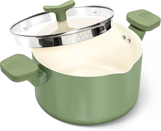 MICHELANGELO Pasta Pot with Strainer Lid - 6 Quart Cooking Pot with Lid, Non Stick Spaghetti Pot Ceramic Coated with Twist and Lock Handles for Easy Draining, Induction Compatible, Roden Green