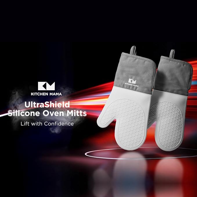 Kitchen Mama UltraShield Silicone Oven Mitts Heat Resistant – Non-Slip, Stain-Resistant, Silicone Cooking Mitts & Pot Holders for Baking, Grilling, Heat Resistant Cooking Gloves (Metal Gray)