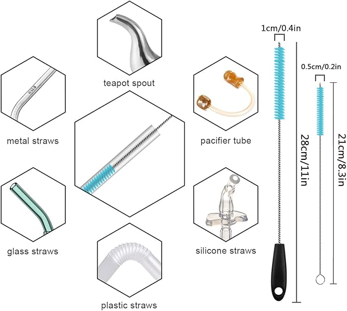 3 in 1 Stainless Steel Long Handled Water Bottle Brush Set, Kitchen Scrubber Cleaning Brush for Mugs, Coffee Cups, Glassware, Wine Glasses, Wake-Ups, with Straw Cleaner, Blue