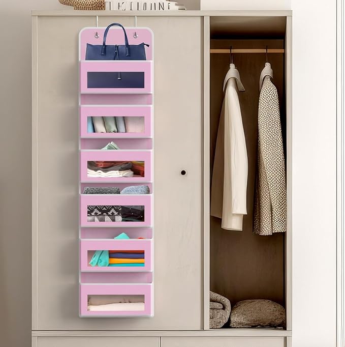 Simple Houseware 6 Clear Window Pocket Over Closet Door Storage Hanging Organizer for Bedroom, Bathroom, Pantry, Pink