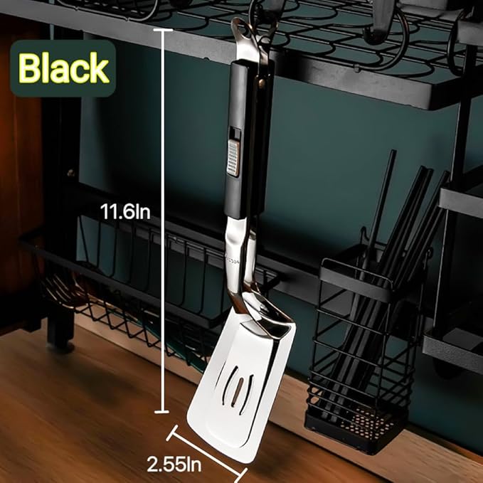 Kitchen Cooking Tongs 11.6 inch 304 Stainless Steel Grill Clamp Spatula for Flipping Bread Steak Fish Toast-Sliding Buckle Push Pull Design Barbecue Food Clip Black