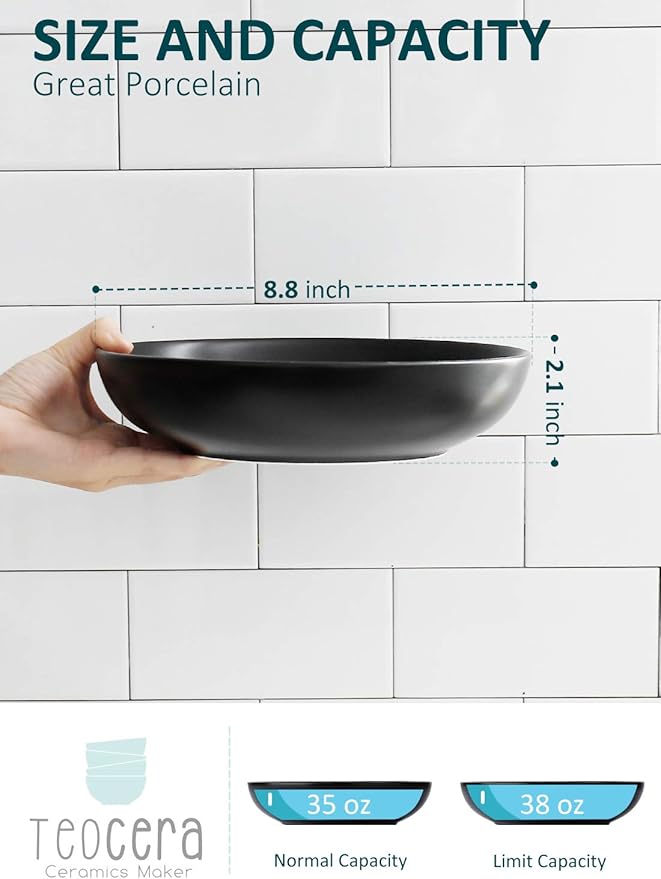 Teocera Matte Black Pasta Bowls Set of 4-35oz Large Oversized Porcelain Bowls for Spaghetti & Salad | Heat-Resistant, Chip-Resistant, Microwave & Dishwasher Safe | Smooth Non-Porous Surface