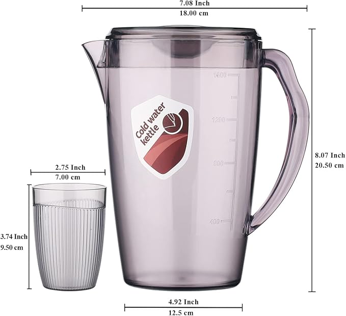 HOMQUEN Plastic Pitcher with 3 Cup, 60 Oz/1.8L Water Pitcher with Lid, Iced Tea Pitcher, Water Carafe, Jar Pitcher, Water Jug with Handle for Tea, Juices, Milk, Cold or Hot Beverages (Gray)
