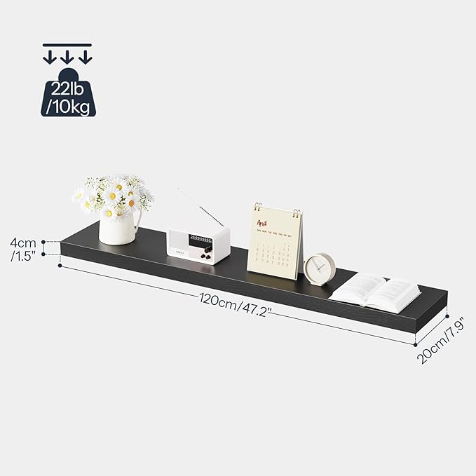 HOOBRO Floating Shelves for Wall, Wall Mounted Shelf Set of 2, 47.2" Hanging Shelf with Invisible Brackets, for Wall in Bathroom, Bedroom, Toilet, Kitchen, Living Room, Office, Black BK120BJP201