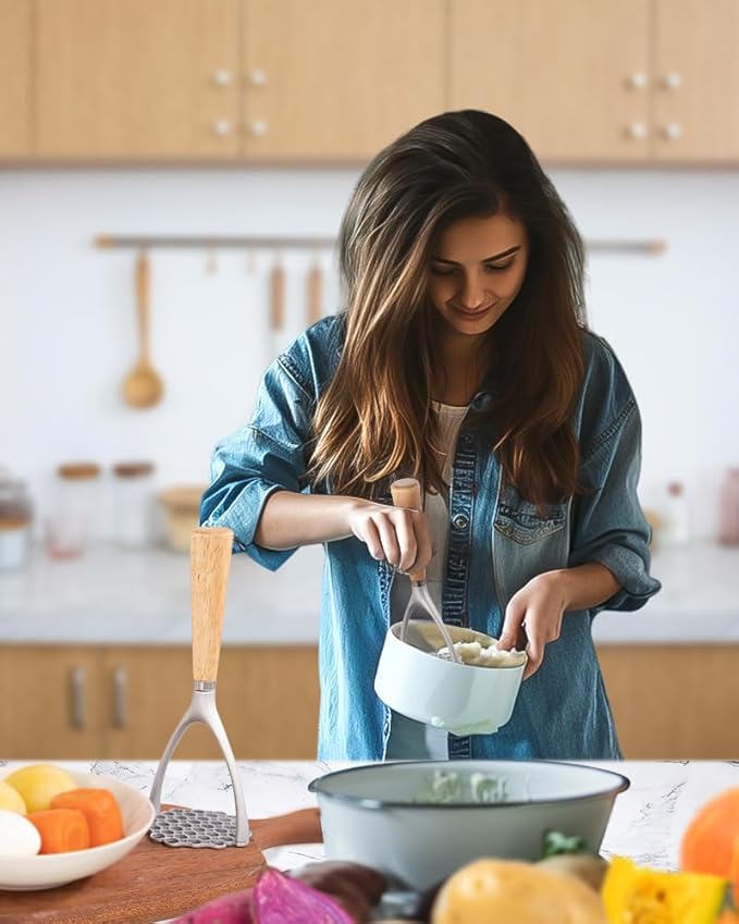 Brigii Potato Masher with Wooden Handle, Manual Potato Press for Kitchen Tool, Aluminum Alloy Potato Ricer For Fluffy Mashed Potato