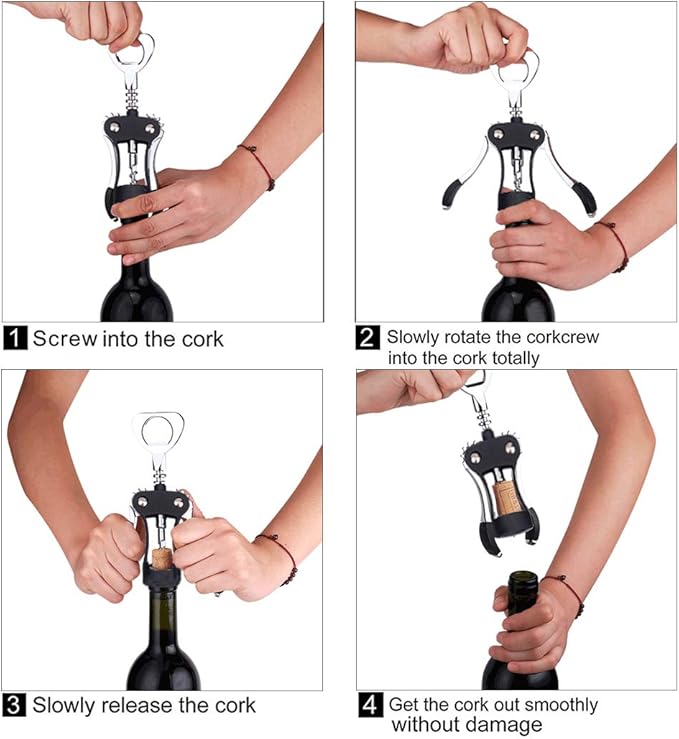 Foho Wine Opener, Multifunctional Wing Corkscrew Wine Bottle Opener for all Cork Stoppered and Beer Cap Bottles, Luxury Waiter Corkscrew with Stopper Set for Wine Enthusiast, Waiters - Black