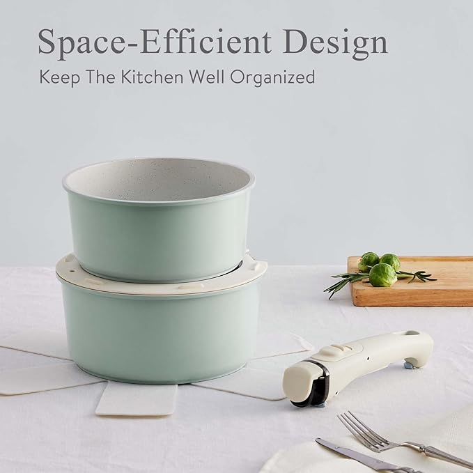 6 Piece Ceramic kitchen Cookware Set, 2QT And 3QT Pot with Lid And Removable Handles, Saucepans Cookware for Braising, Stews, Roasting, Bread Baking Green