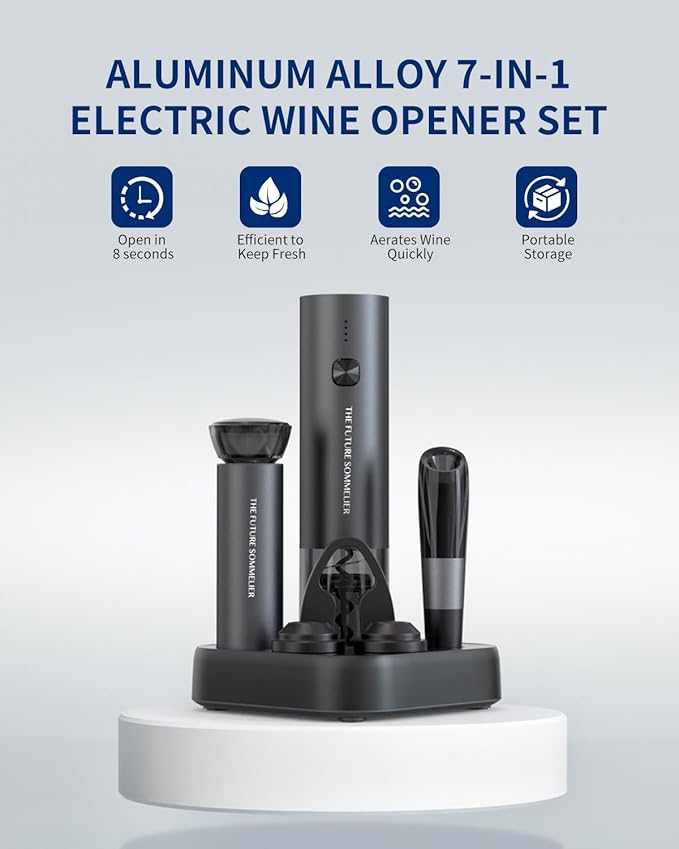 CIRCLE JOY Rechargeable Electric Wine Opener Set 7-in-1 Aluminum Alloy Wine Gift Set with Electric Corkscrew, Foil Cutter, Wine Pourer, Charging Base, Vacuum Pump and 2 Wine Stoppers