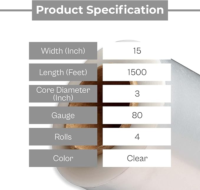 PSBM Stretch Wrap, 4 Pack, 15 Inch x 1500 Feet, 80 Gauge, Clear Plastic Cling, Cast Hand Stretch Film Rolls for Packaging Moving Packing Pallets