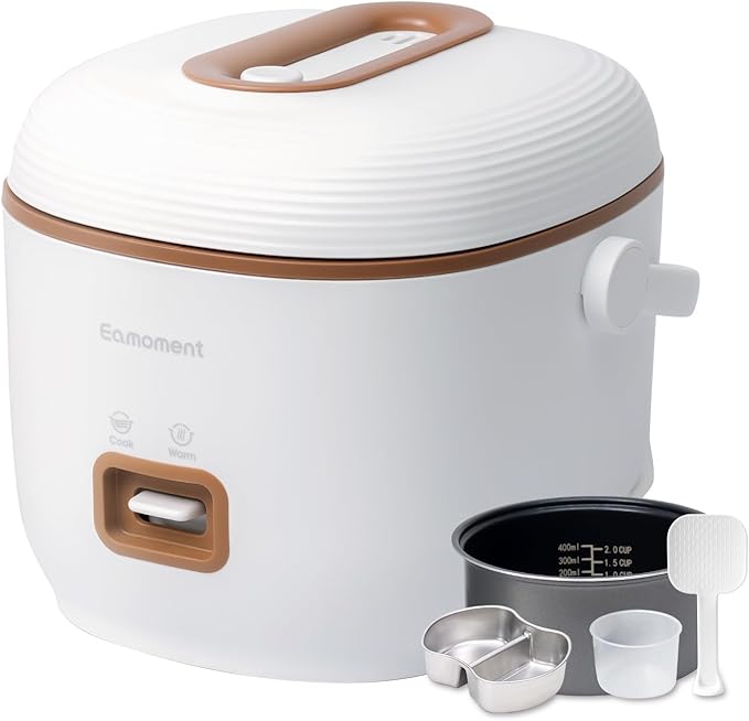 Brown Mini Rice Cooker Small 1 Cup-2 Cup Non-Stick Coated Insert Food Steamer Kitchen Appliances Includes Vegetable Steamer