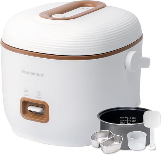 Brown Mini Rice Cooker Small 1 Cup-2 Cup Non-Stick Coated Insert Food Steamer Kitchen Appliances Includes Vegetable Steamer