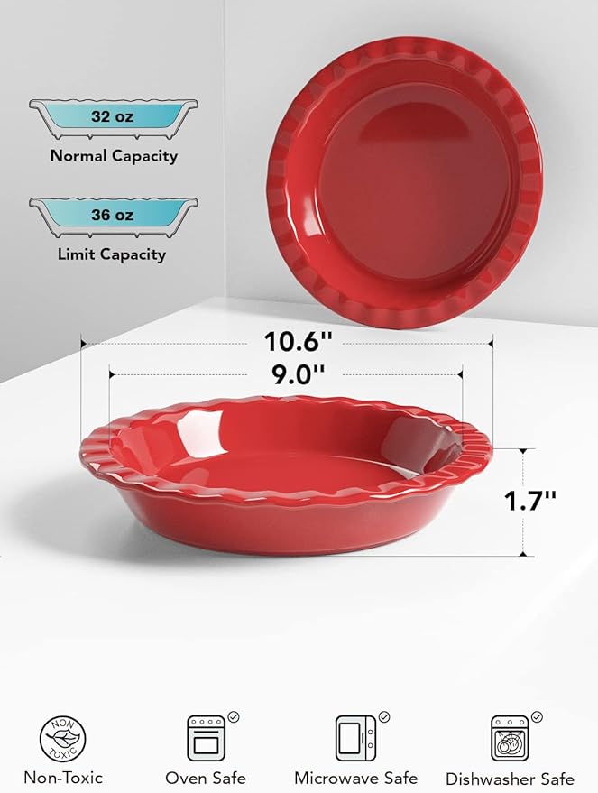LE TAUCI Ceramic Pie Pans for Baking, 9 Inches Pie Plate for Apple Pie, Pecan Pie, 36 Ounce Deep Dish Pie Pan, Set of 2, Red