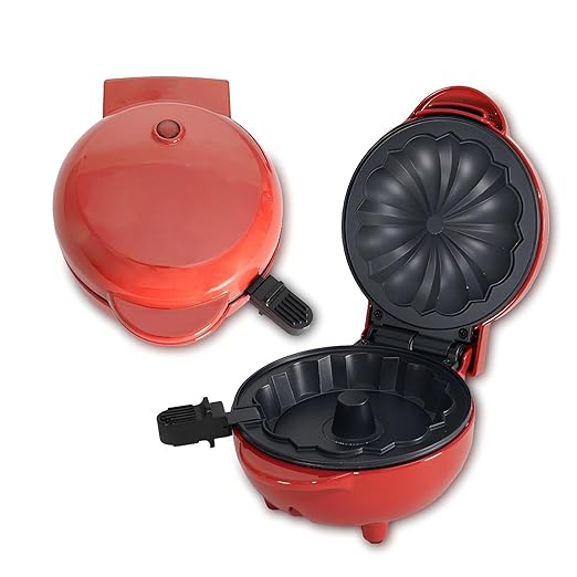 Cake Maker Machine for Lava Cake, Mini Donuts, Waffles, Pancakes - Breakfast, Snacks, Desserts - Non-stick Surface, Double-sided Heating, Red