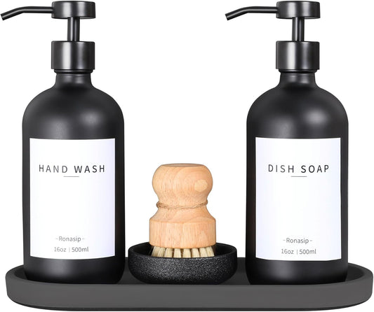 Set of 5 Kitchen Soap Dispenser Set 16 Oz Glass Hand Dish Soap Dispenser with Stainless Steel Pump, Cement Tray, Dish Scrub Brush for Farmhouse Rustic Home Bathroom Decor (Black)