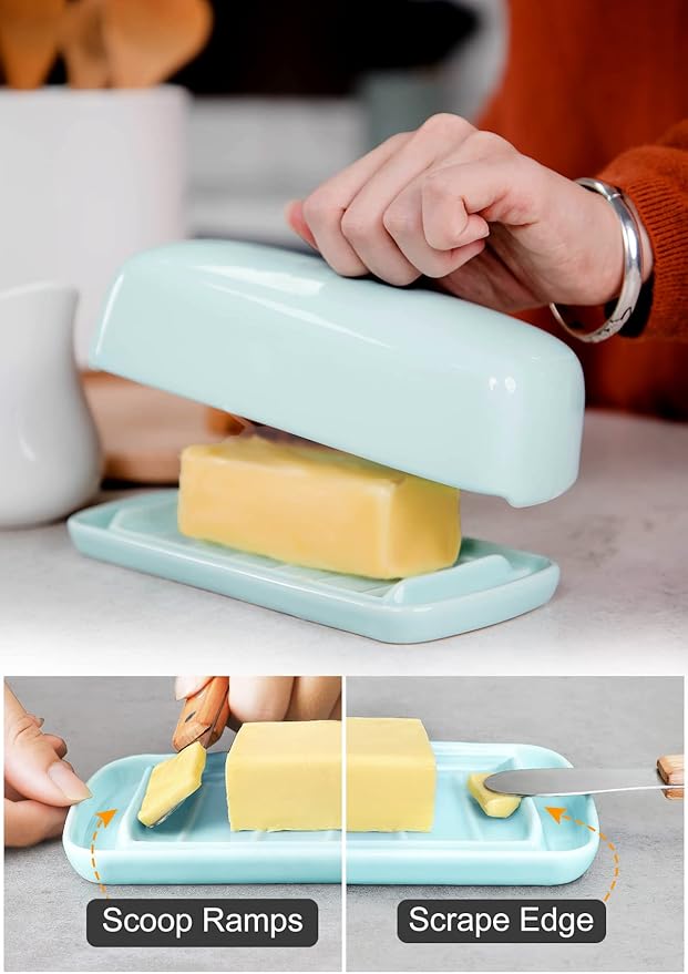 Nucookery Ceramic Butter Dish with Lid | Raised Legs and Non-Slip Strip Design | Porcelain Health | Dishwasher Safe, Lake Blue