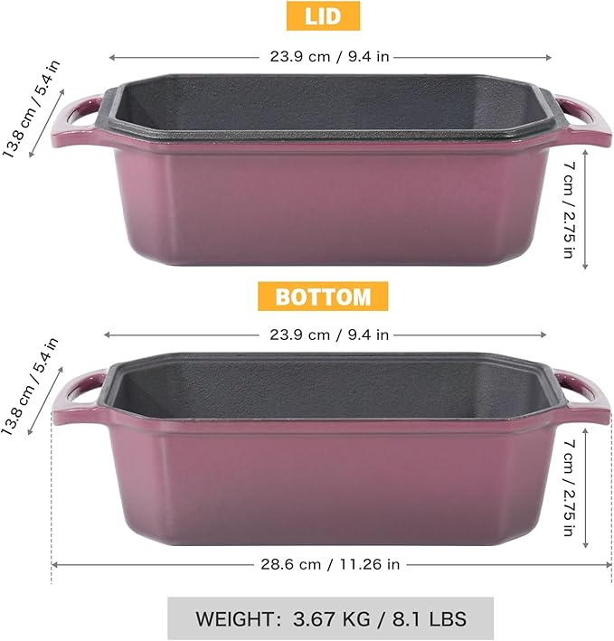 Bread Pan Cast Iron Loaf Pan with Lid Bread Loaf Pan 9x5 Inch Loaf Pan Enameled Cast Iron Sourdough Loaf Pan, Magenta