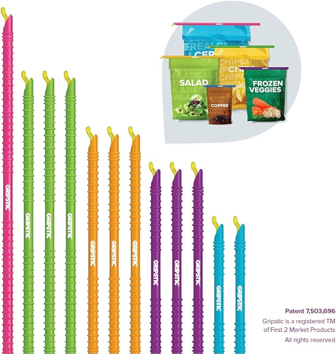 GripStic 12pc Assorted Bag Clips. Durable and reusable chip clips seal food bags air tight. Set includes: (2) 5" Blue, (3) 7.25" Purple, (3) 8.75" Orange, (3) 11.25" Green, (1) 13" Pink.