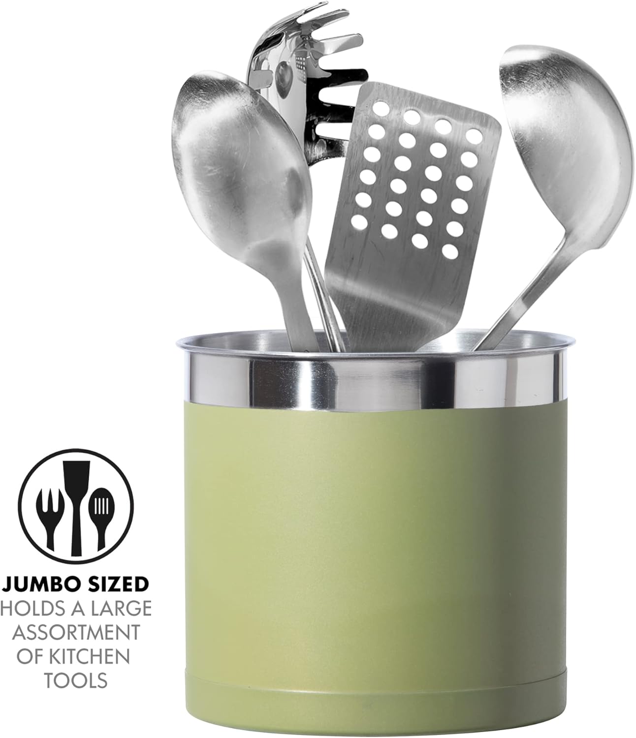 Oggi Stainless Steel Jumbo Utensil Holder - 7" Utensil Caddy, Weighted Base for Stability - Extra Large Utensil Crock and Countertop Utensil Organizer, Olive