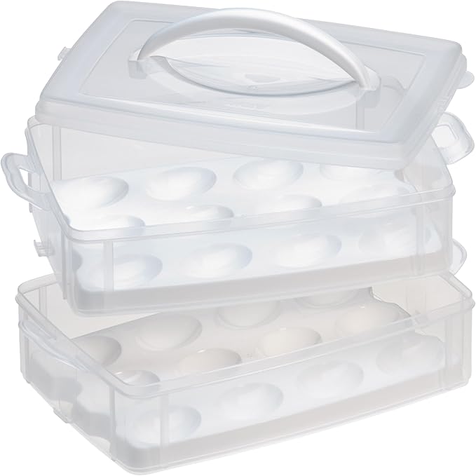 Snapware (2-Layer, 24 Eggs) Plastic Detachable Deviled Egg Carrier Storage Container With Lid and Handle, Freezer Dishwasher Microwave Safe