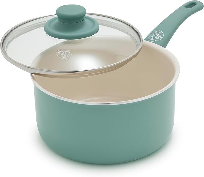 GreenLife 2 Quart Ceramic Nonstick Saucepan with Lid, PFAS-Free, Stay-Cool Handle, Multipurpose Kitchen Cooking Pot, Dishwasher & Oven Safe, Turquoise