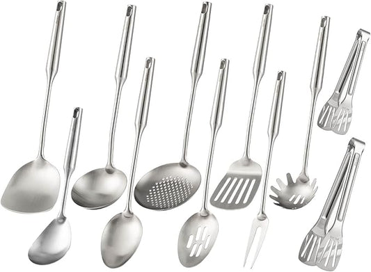 18/10 Stainless Steel Kitchen Utensils Set - 15” All Metal Cooking Tools, 11PCS - 2 Tongs, Fork, Solid Spoon, Slotted Spoon, Spatula, Soup Ladle, Skimmer, Slotted Spatula, Spaghetti Spoon, Large Spoon